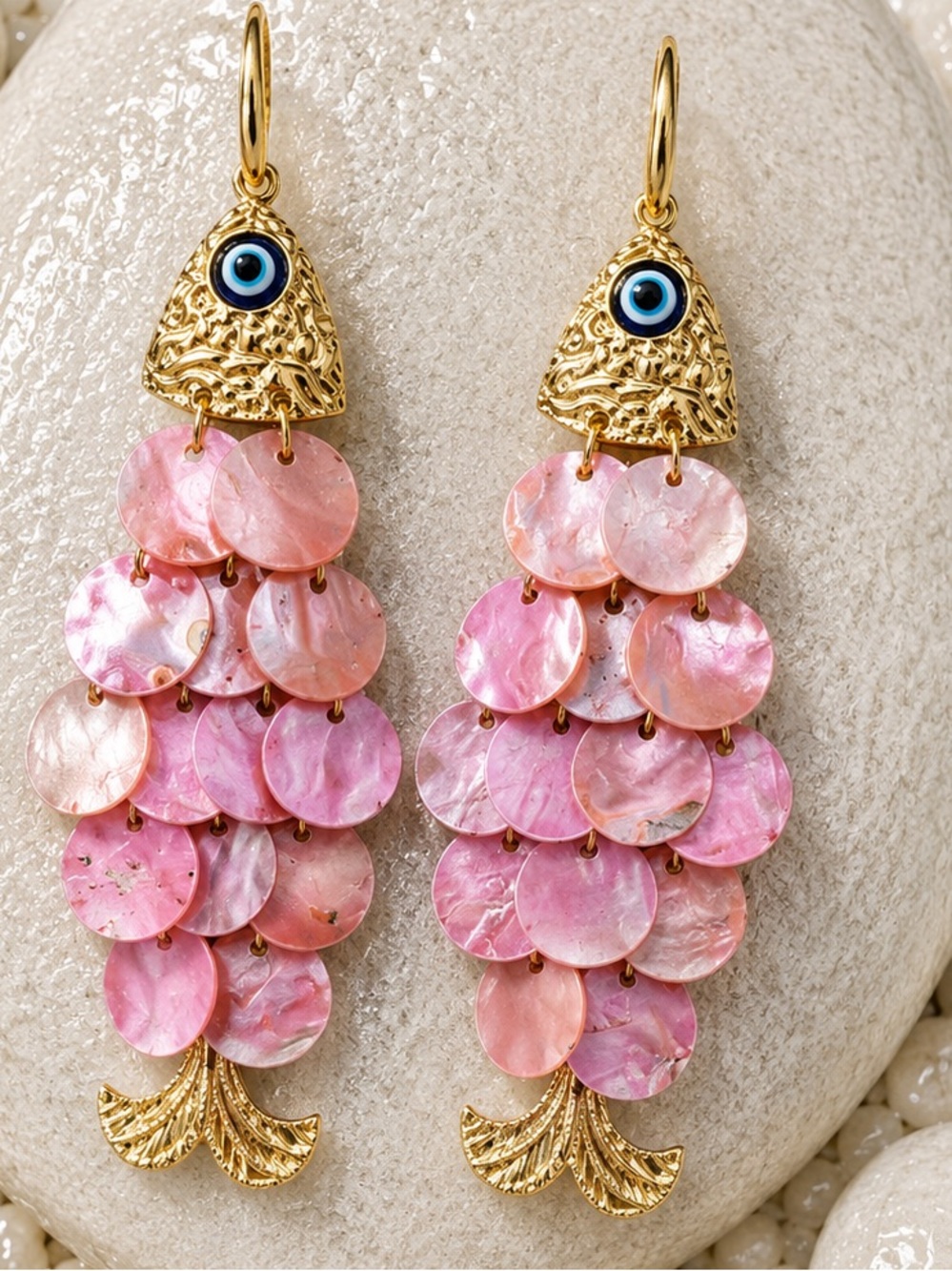 Pink Fish Earrings Evil Eye Statement Coastal Jewelry